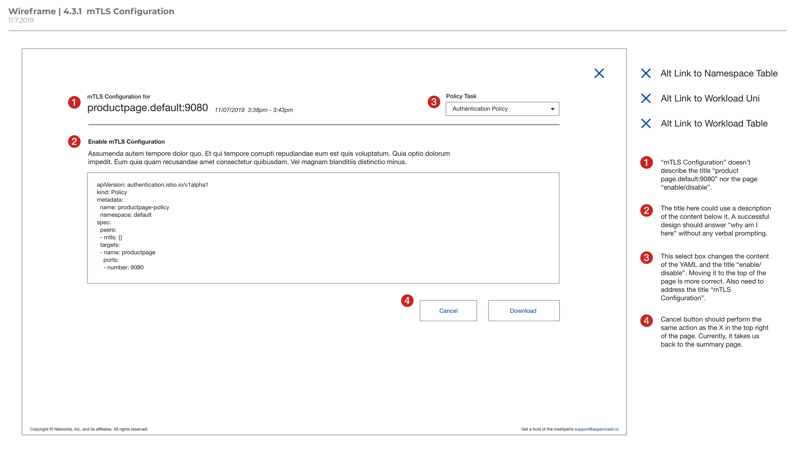 mTLS Configuration wireframe with four numbered review notes about the title, the policy selector and the Cancel button.