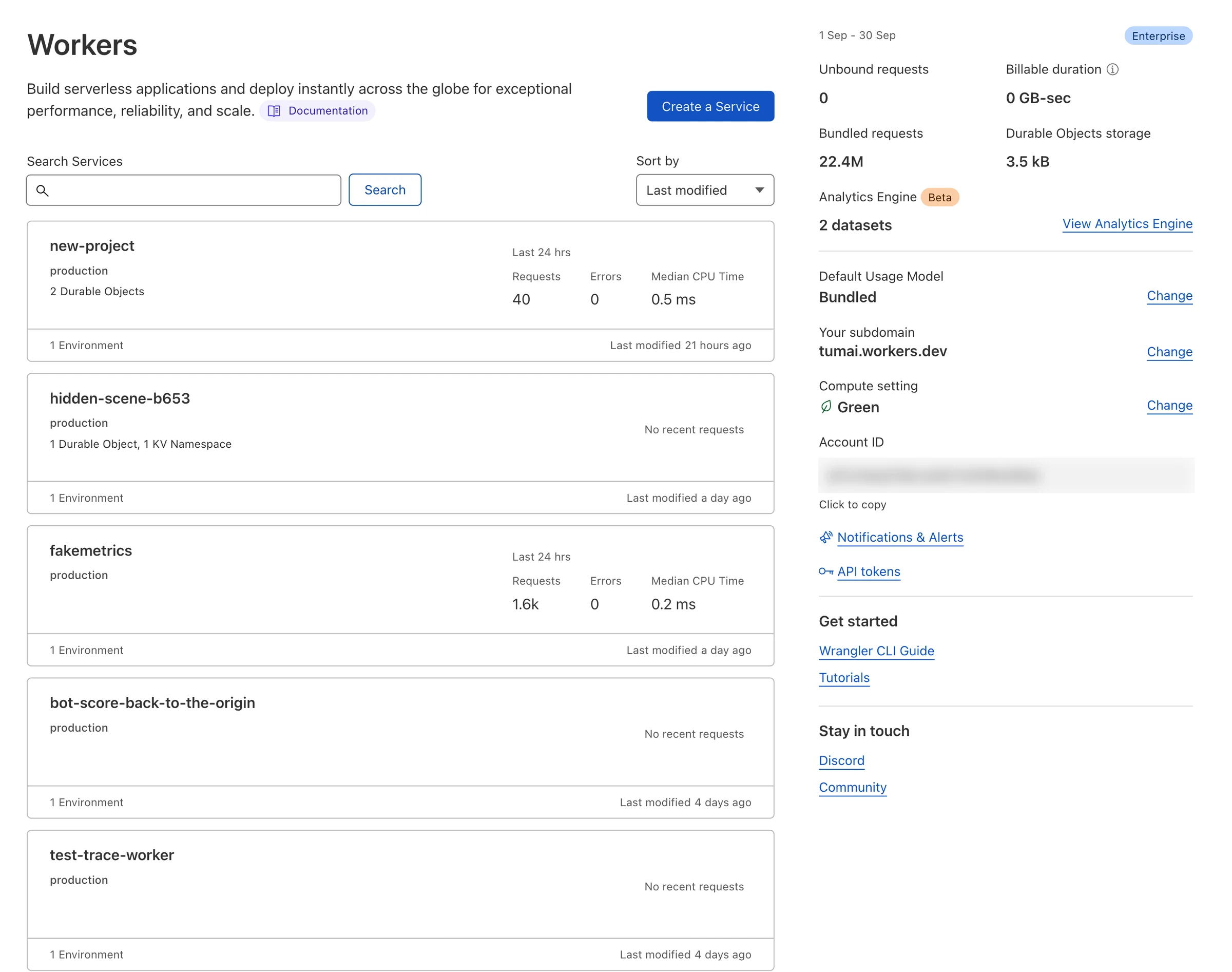 Earlier Workers overview: five service cards, some showing requests, errors and median CPU time for the last 24 hours and some reading No recent requests, beside a column of usage figures, settings, account ID and getting-started links.