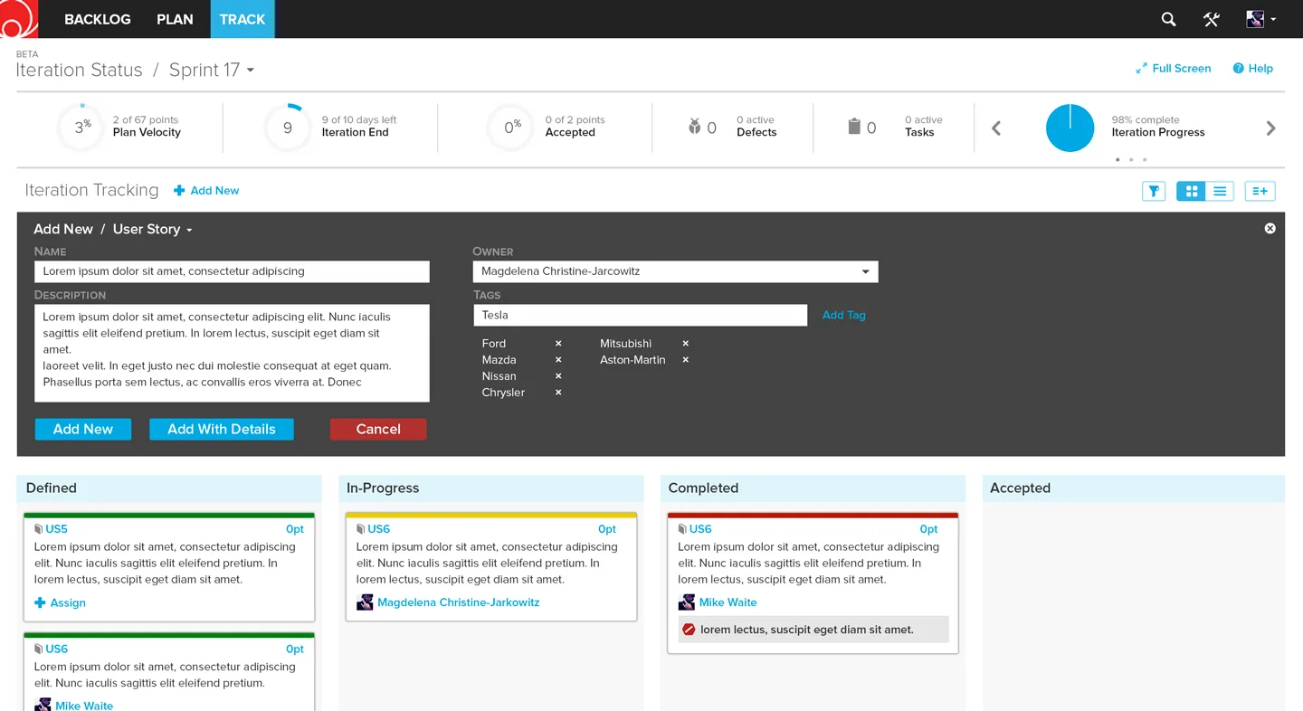 The same board with a dark Add New panel open above it: name, description, owner and tag fields with Add New, Add With Details and Cancel buttons.