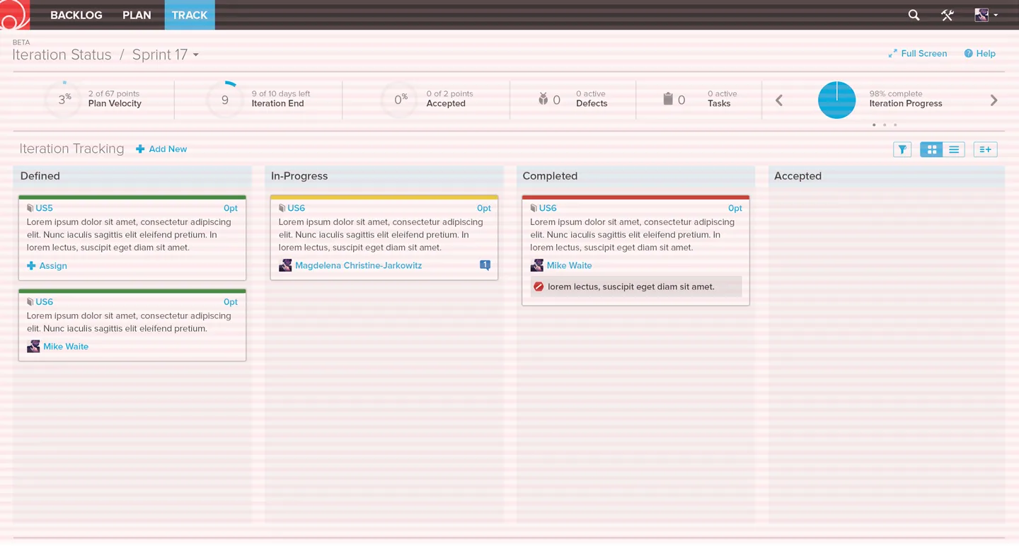The iteration status page with a pink baseline grid drawn over it, showing every line of text sitting on the grid.