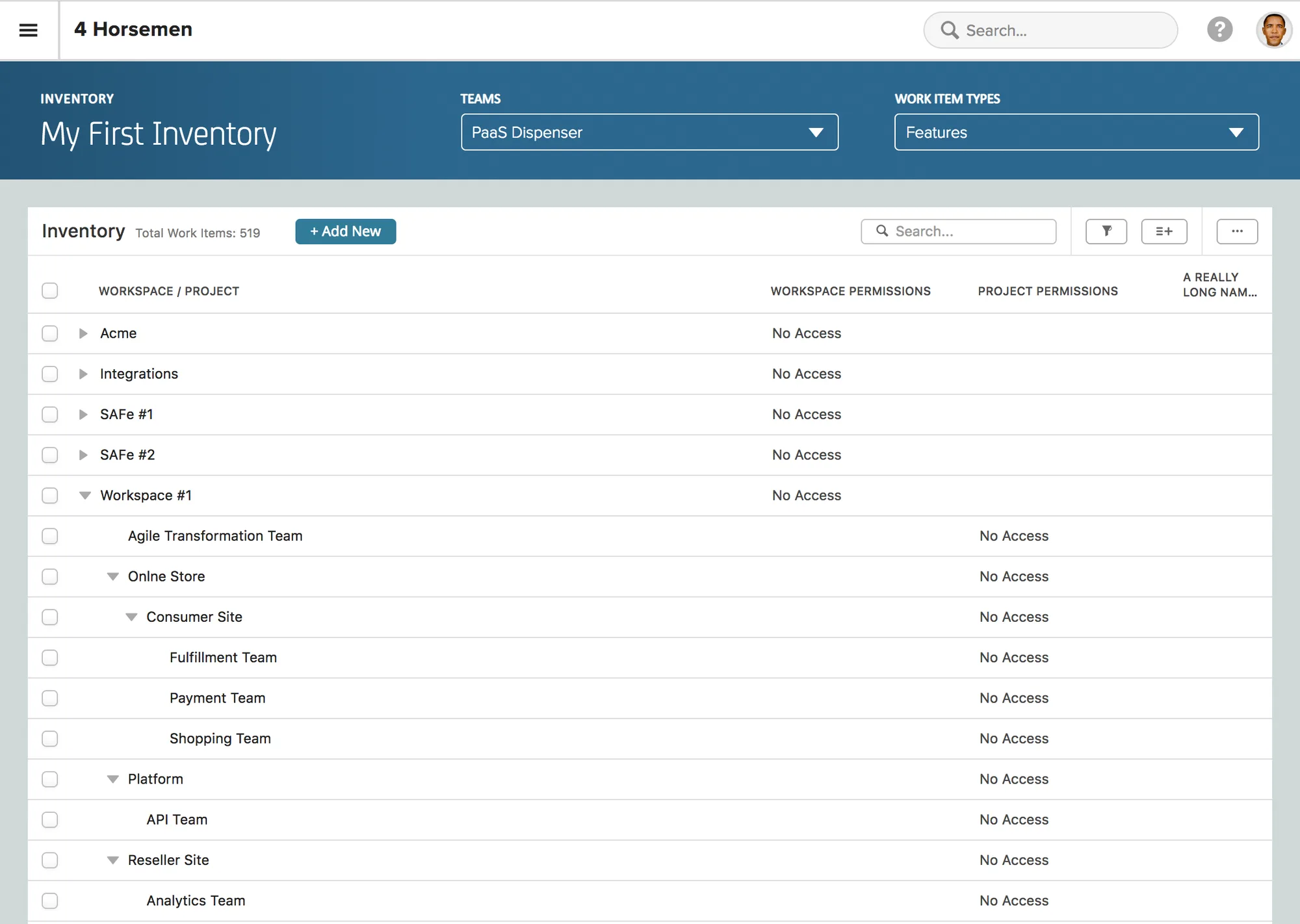 An inventory page titled My First Inventory with Teams and Work Item Types dropdowns, and a table of workspaces and projects nested several levels deep with workspace and project permission columns.