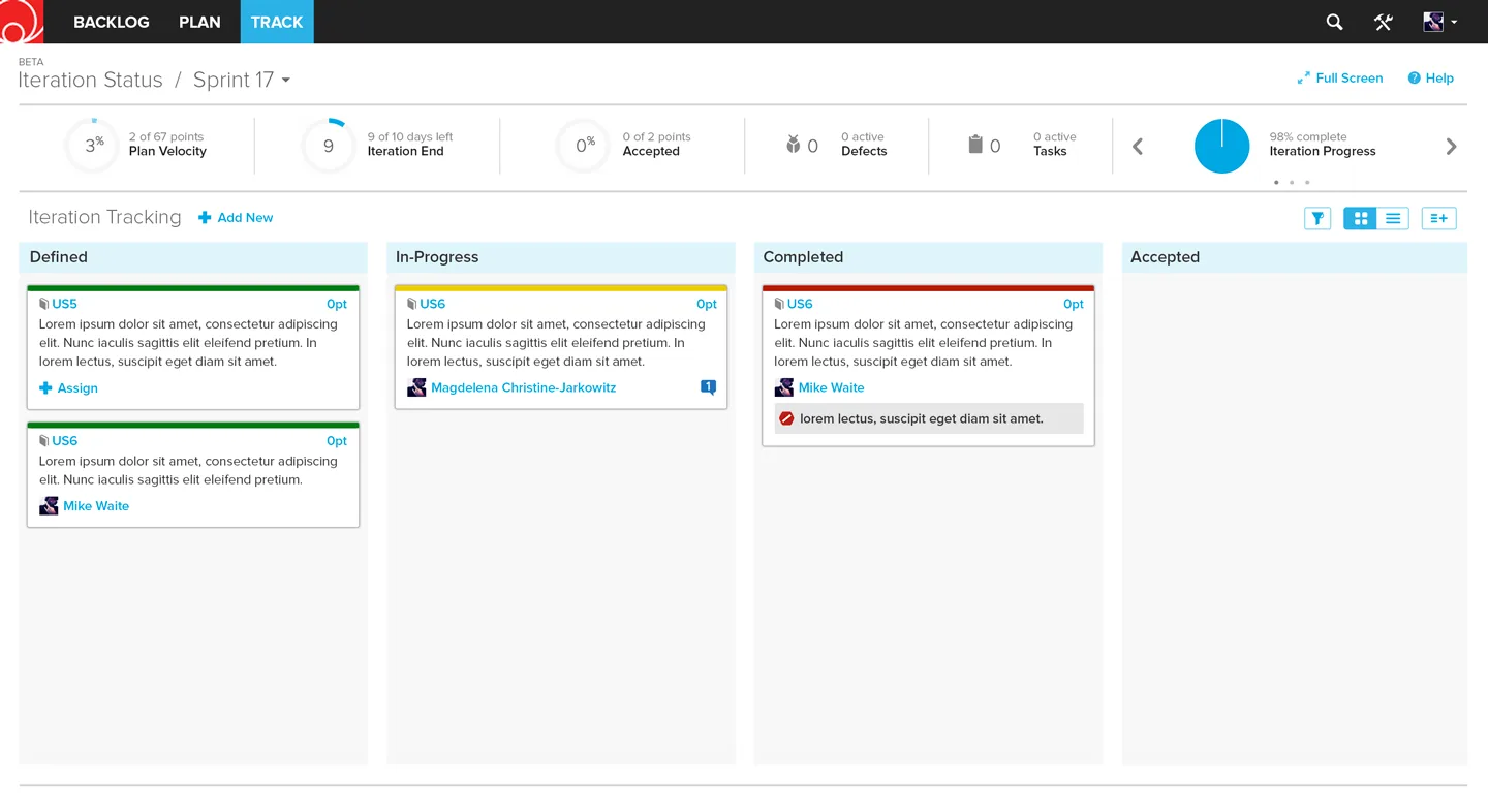 Agile Central iteration status for Sprint 17: a row of progress rings for plan velocity, iteration end, accepted points, defects, tasks and iteration progress, above a board with Defined, In-Progress, Completed and Accepted columns of story cards.