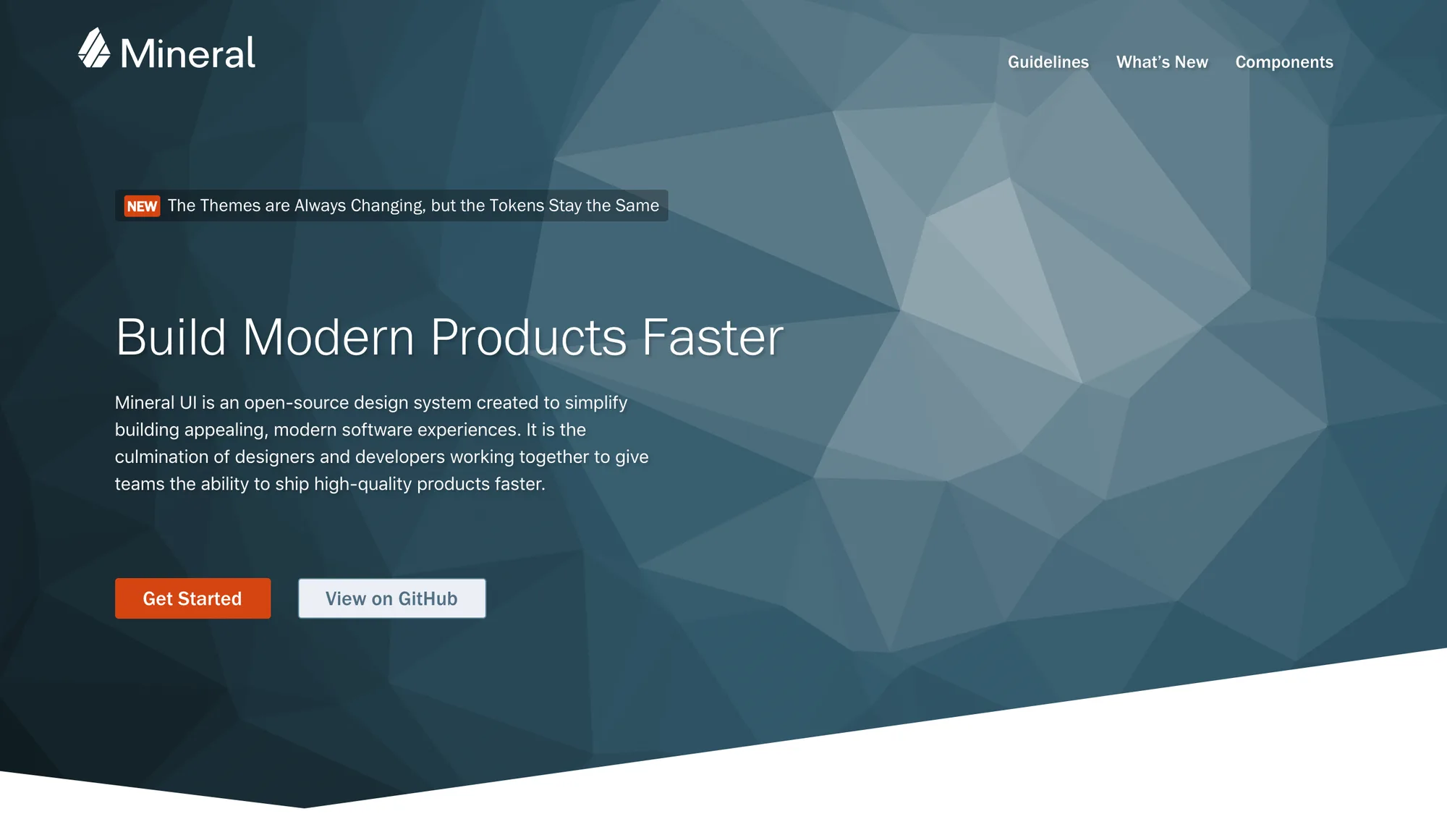 The Mineral UI website home page: a dark blue faceted background, the headline Build Modern Products Faster, a short description of the open-source design system, and Get Started and View on GitHub buttons.