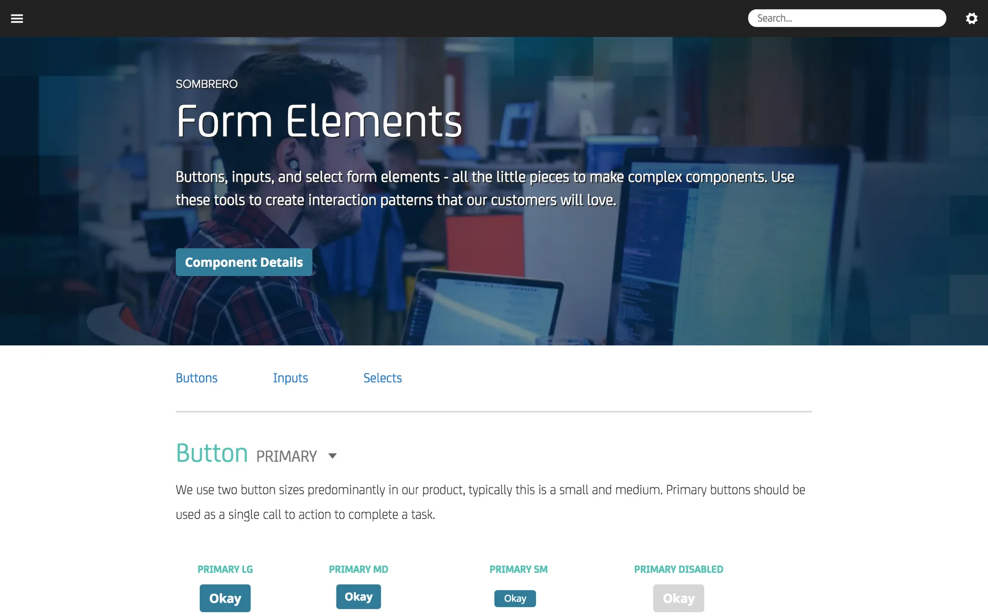 Sombrero Form Elements page: a photo header, tabs for Buttons, Inputs and Selects, and primary buttons in large, medium, small and disabled sizes with usage guidance.