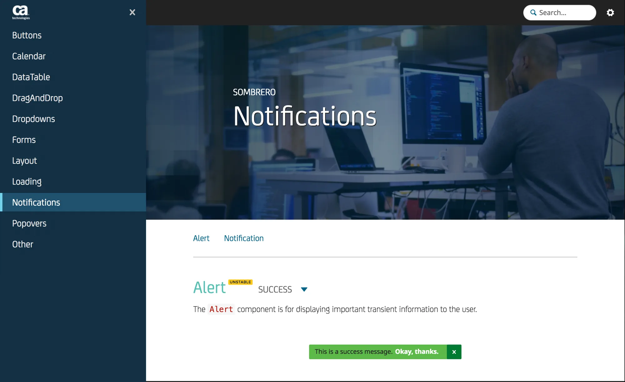 Sombrero Notifications page with a CA Technologies sidebar listing components from Buttons to Popovers, and a live success alert marked Unstable.