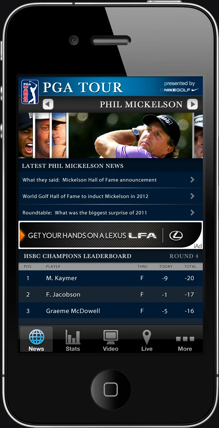 iPhone player page for Phil Mickelson: a photo strip of players, his latest news headlines, an ad, and the HSBC Champions leaderboard for round 4.