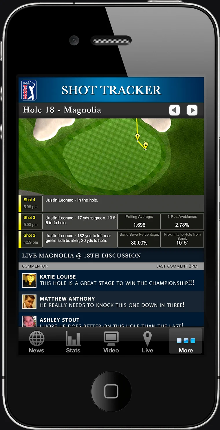 iPhone Shot Tracker for Hole 18, Magnolia: the green with shots drawn on it, a list of Justin Leonard's shots with putting and sand save stats, and a live discussion below.