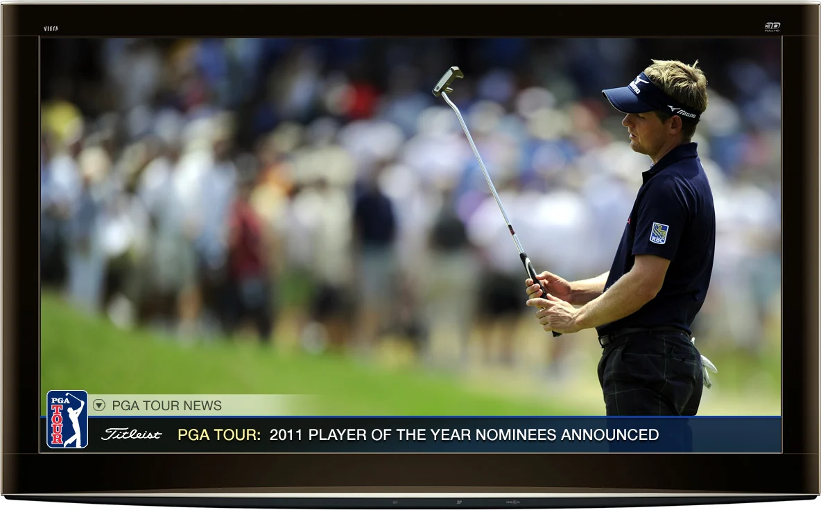 A TV showing a golfer on the green with a PGA TOUR news ticker along the bottom announcing the 2011 Player of the Year nominees.