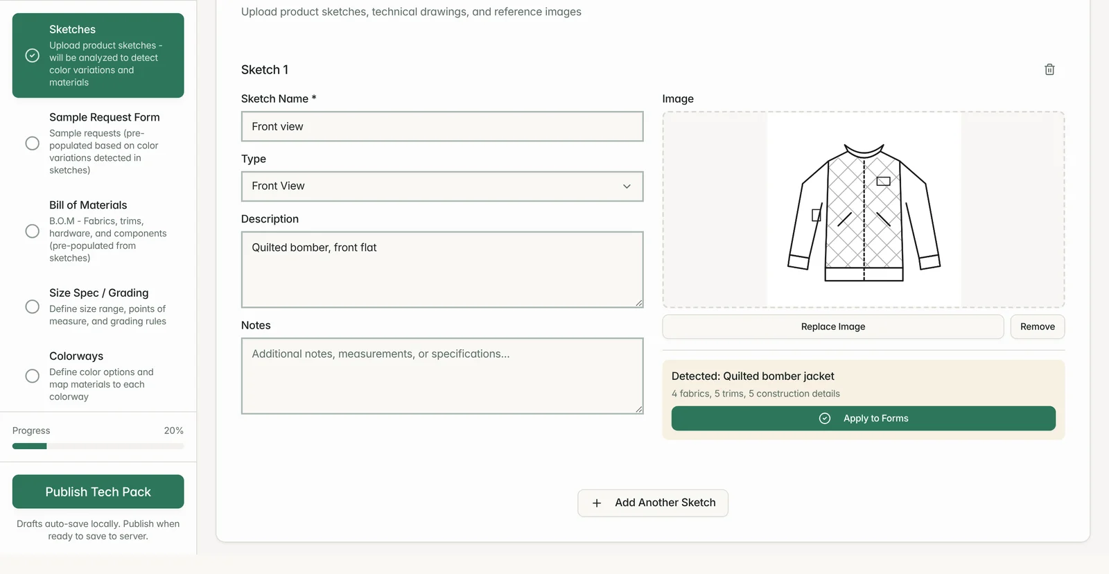 Tech Pack Builder on its Sketches step: a flat drawing of a quilted bomber jacket uploaded as the front view, with a panel reading Detected: Quilted bomber jacket, 4 fabrics, 5 trims, 5 construction details, and an Apply to Forms button. A sidebar lists the five steps: Sketches, Sample Request Form, Bill of Materials, Size Spec / Grading and Colorways.