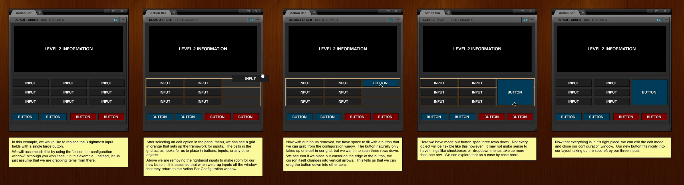 Five-frame storyboard of an action bar being edited: inputs are removed from the grid, a button is dropped in, stretched to span three rows, and the edit mode is closed, with a yellow note explaining each step.