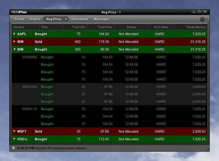 Average price window from December 2007: bought and sold rows in green and red, with one IBM row expanded to show the individual fills underneath.