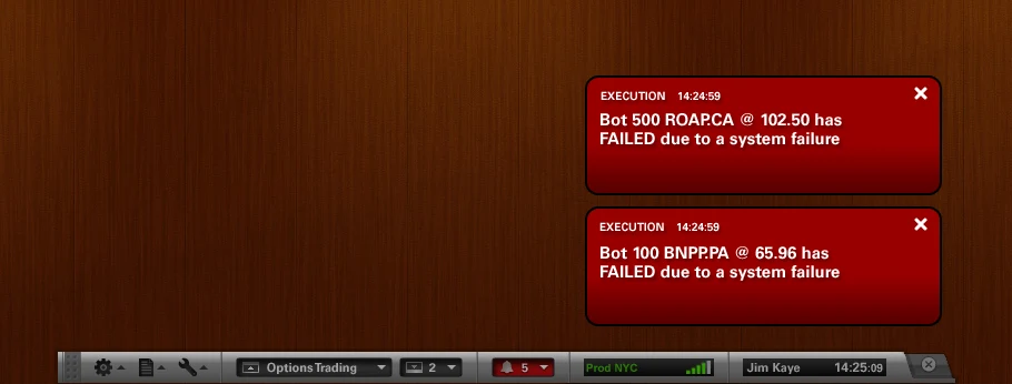 Two red execution notifications reading that orders have failed due to a system failure, stacked above the REDI Plus toolbar.