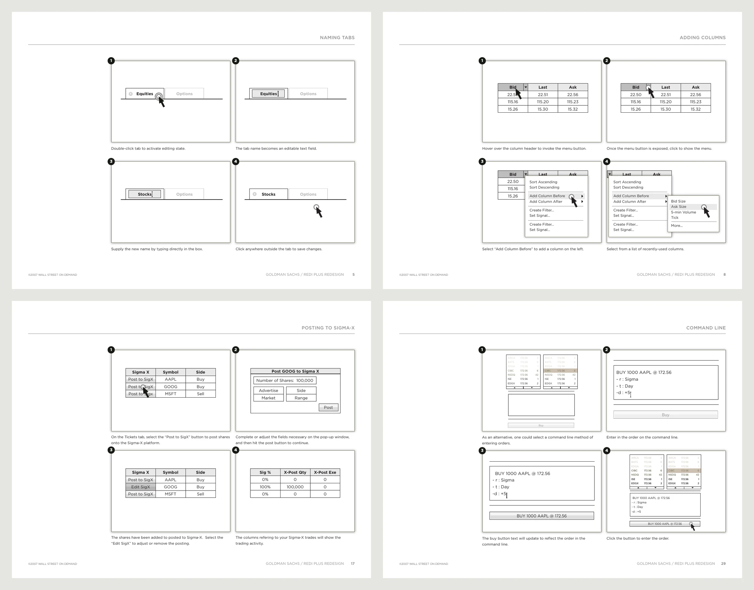 Four pages from the REDI Plus design patterns document: renaming tabs, adding columns, posting orders to Sigma X, and entering an order from the command line, each shown as numbered step-by-step frames.