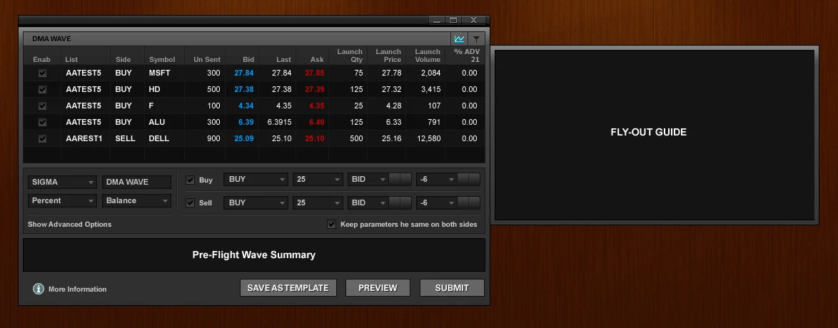 DMA Wave tool: a table of five orders with bid, last and ask, wave settings for buy and sell sides, and a pre-flight summary with Preview and Submit buttons.