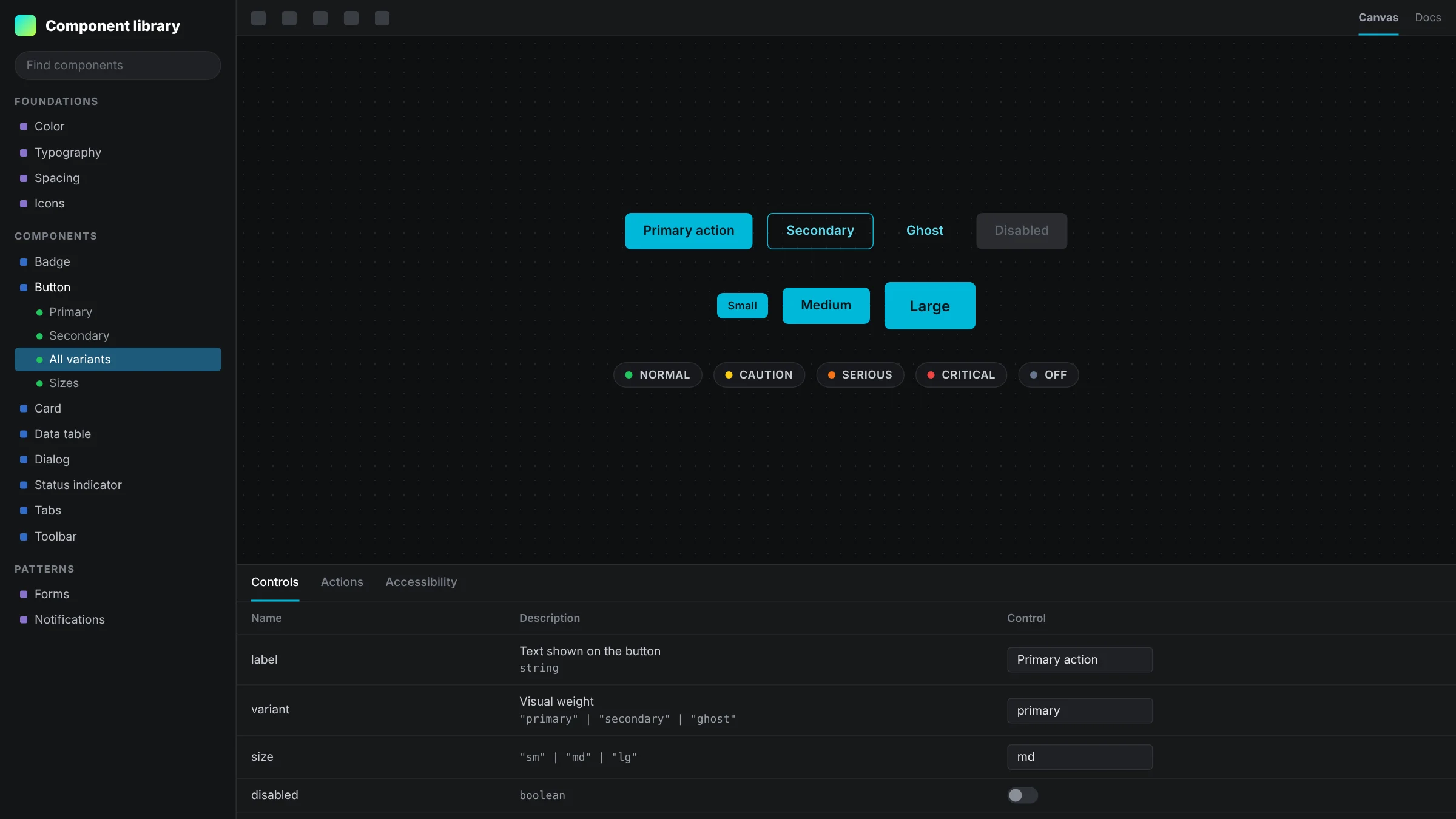 A generic Storybook view of a component library: a sidebar of foundations, components and patterns, a canvas showing button variants, sizes and status badges, and a controls panel for the button&rsquo;s label, variant, size and disabled state.
